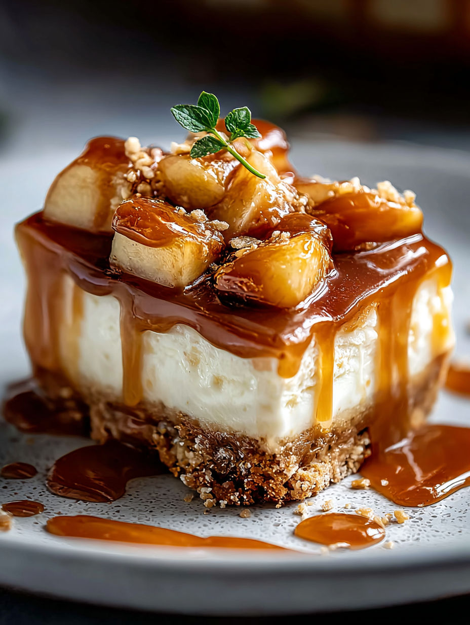 Una rebanada de tarta de manzana con caramelo salado y queso.