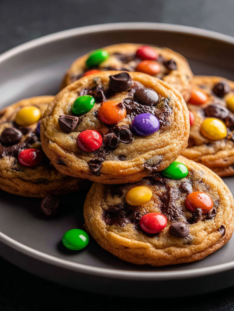 Un plato con galletas de chispas de chocolate y caramelos de colores encima.
