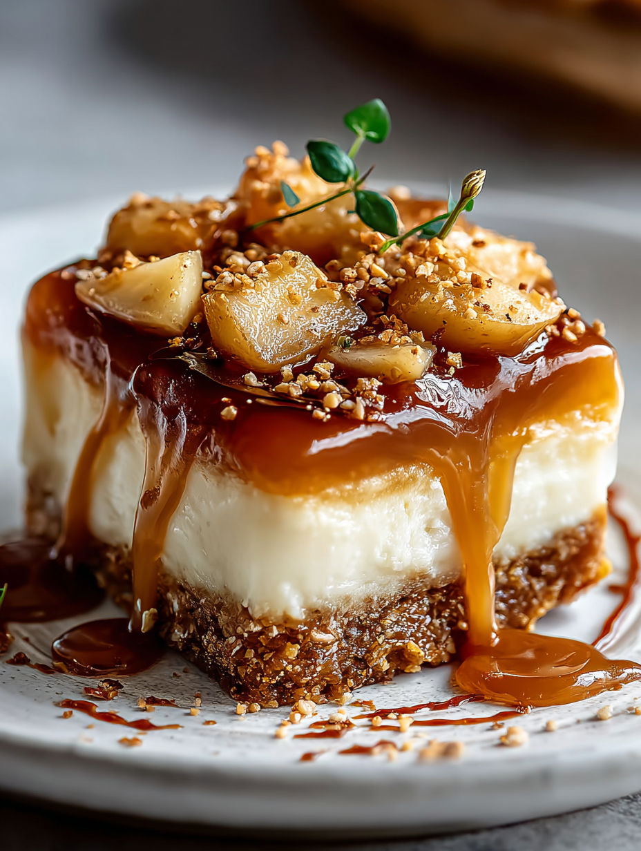 Una rebanada de tarta de manzana con caramelo salado y queso.