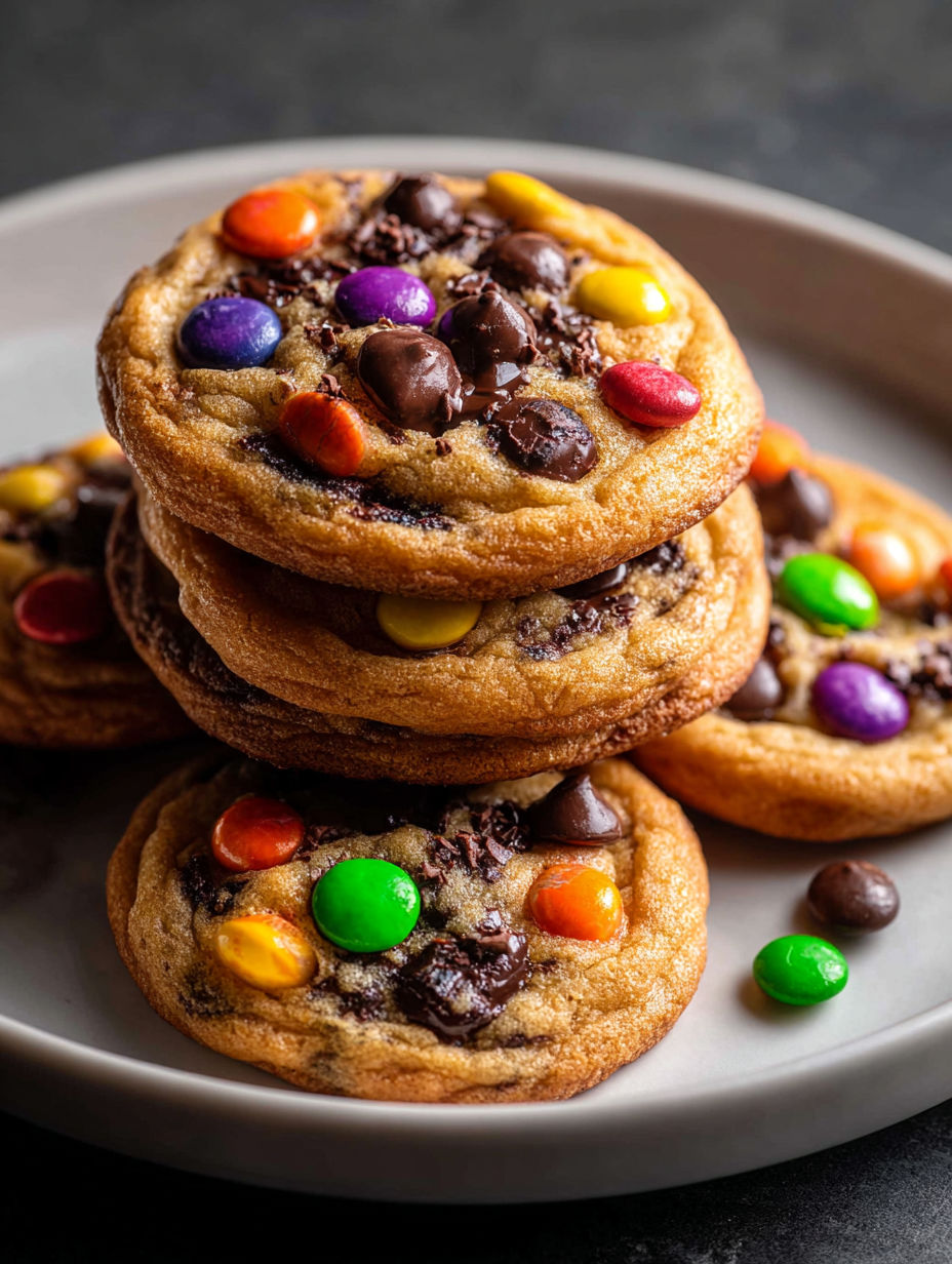 Un plato con galletas de chispas de chocolate y caramelos de colores brillantes.