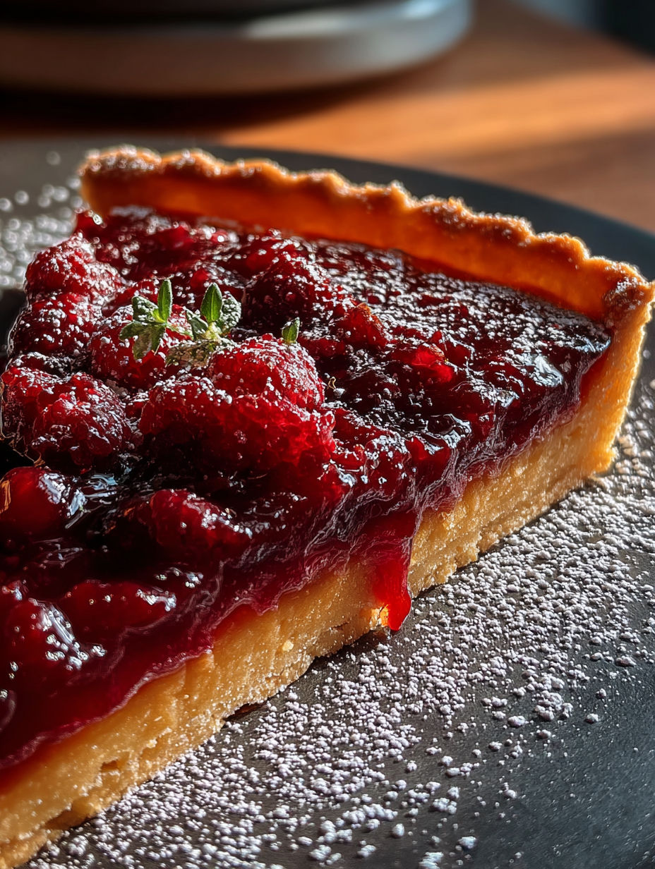 Un pedazo de tarta con curd de arándano y naranja.