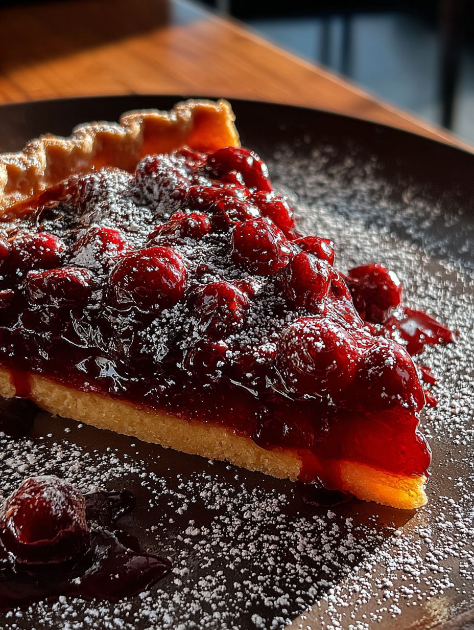 Una porción de tarta de crema con arándanos y naranja.