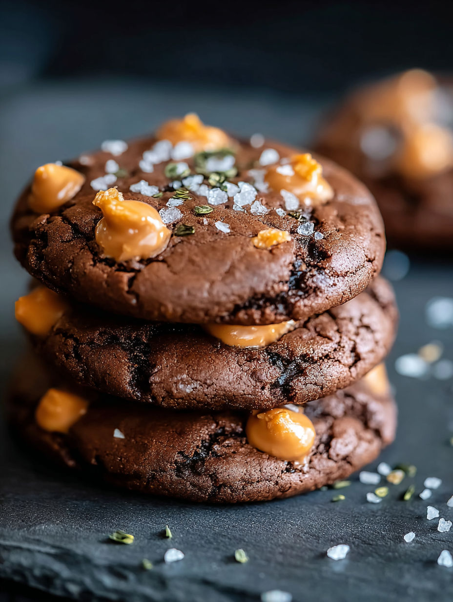Tres galletas de chocolate con mantequilla de maní y sal apiladas.