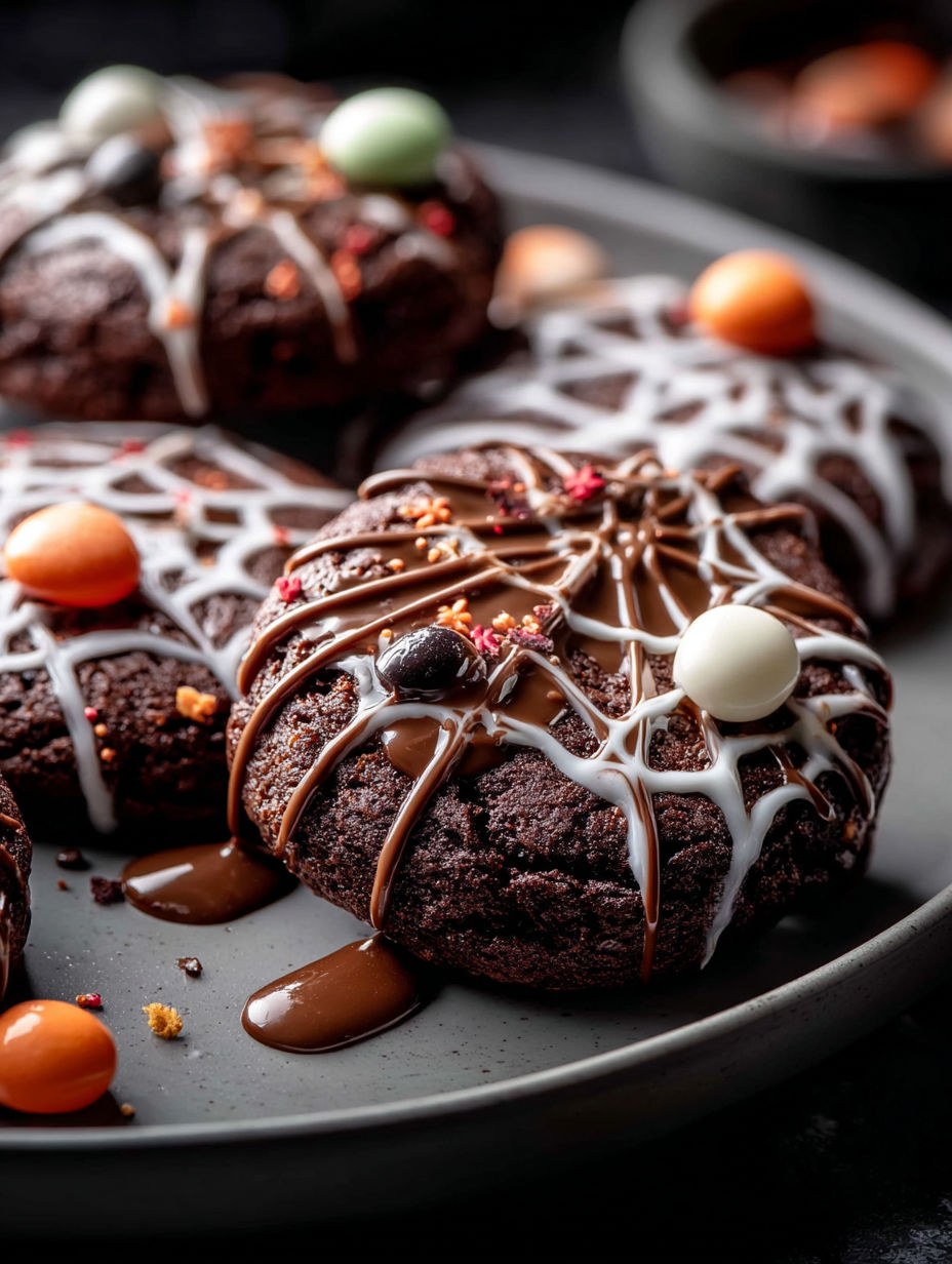 Galletas de chocolate con glaseado blanco y dulces naranjas.