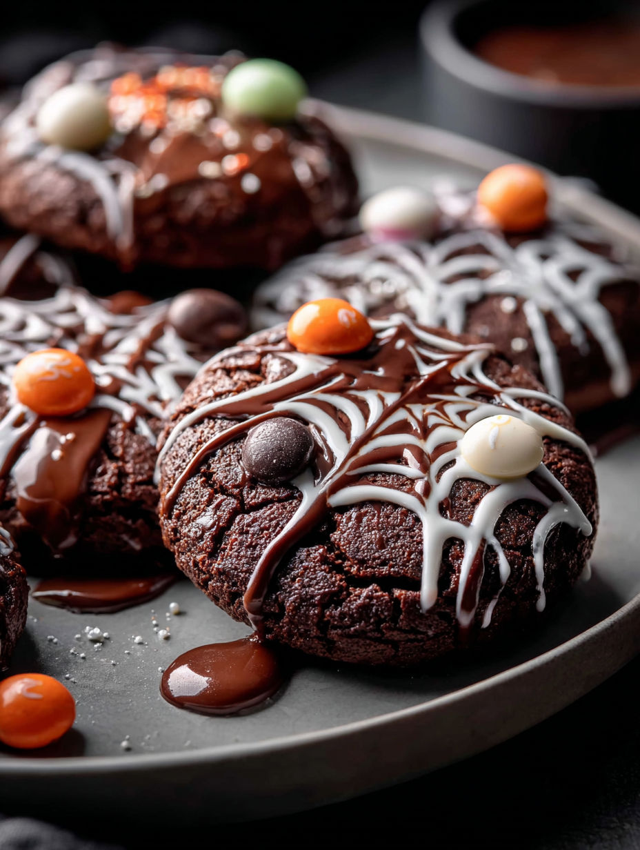 Galletas de chocolate con telaraña y decoraciones blancas y naranjas.