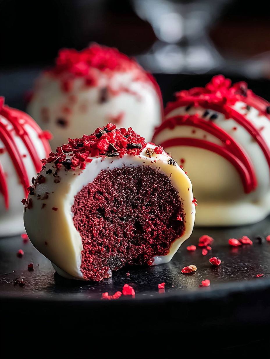 Cake pops de velvet rojo sobre plato negro.