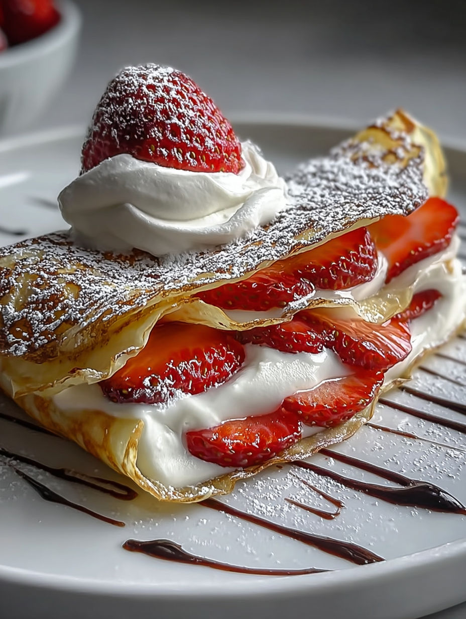 Un crepe con crema y fresas frescas encima