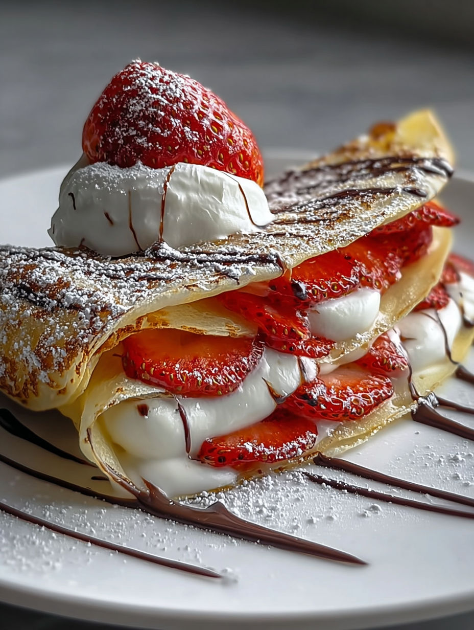 Crepe cremoso de fresa con crema batida y salsa de chocolate.