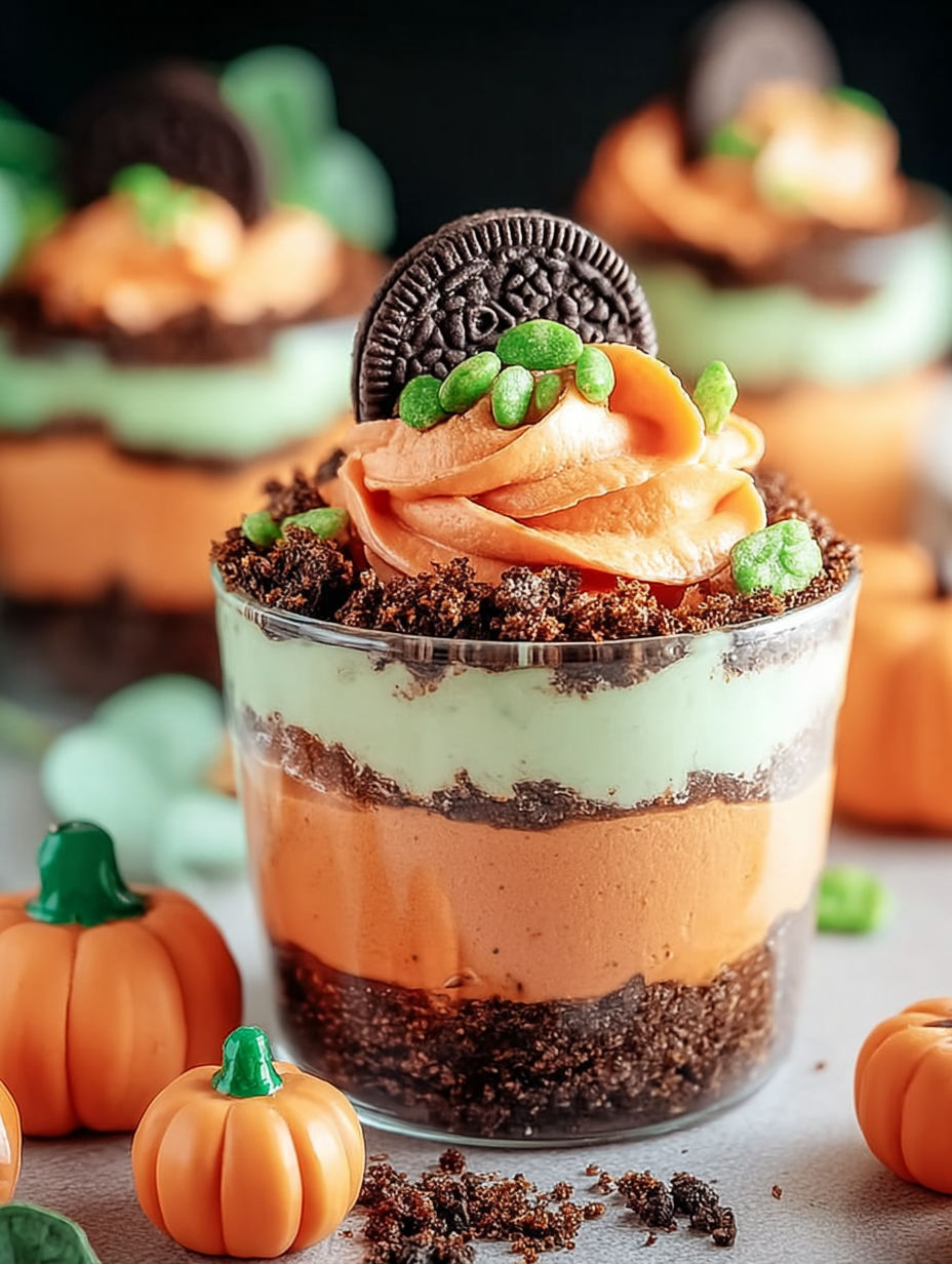 Un vaso con tierra de calabaza y una galleta encima.