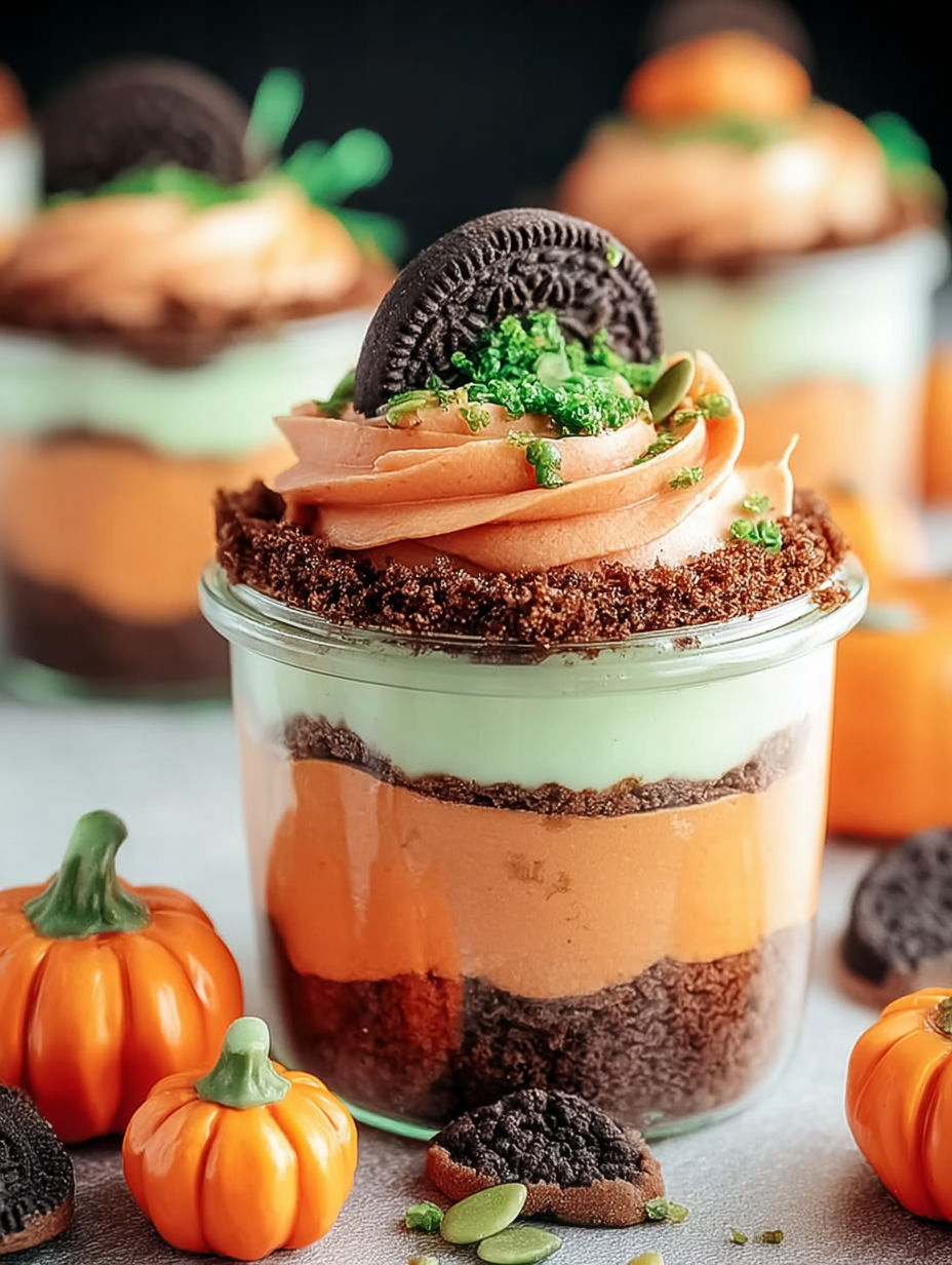 Un vaso con pastel de calabaza y una galleta arriba.