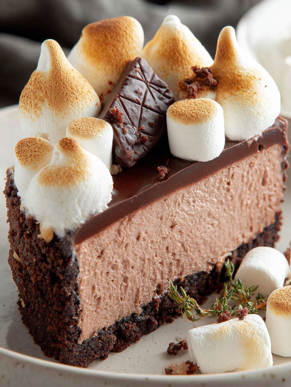 Una porción de cheesecake de chocolate con malvaviscos encima.