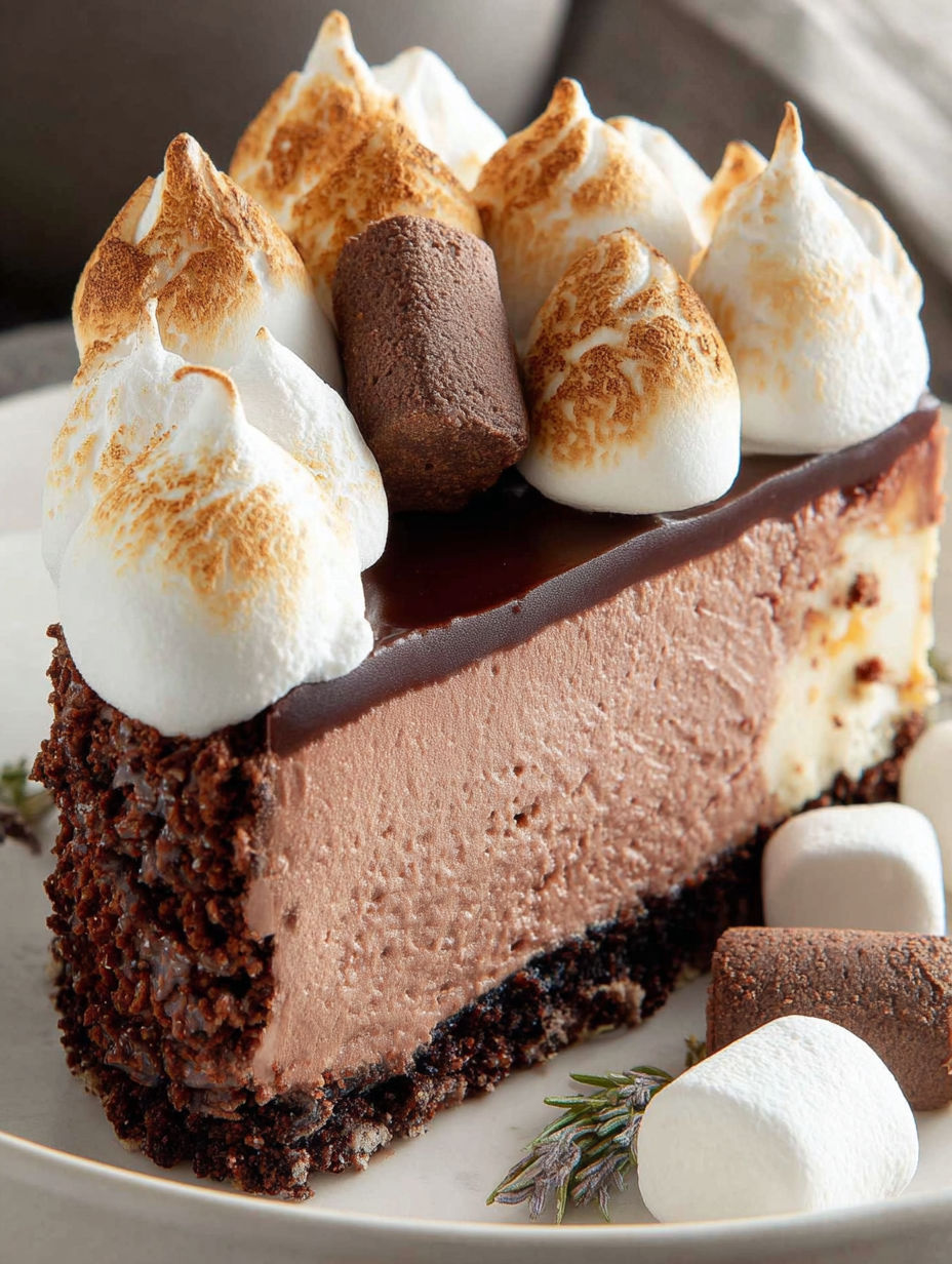 Una porción de cheesecake de chocolate con malvaviscos encima.