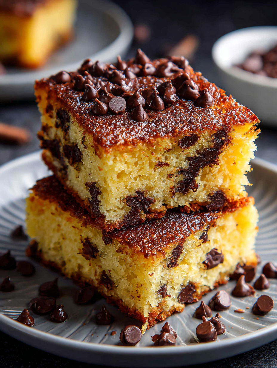 Una rebanada de pastel con chispas de chocolate.
