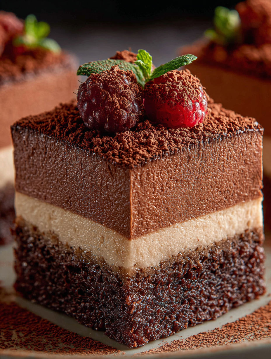 Una porción de brownie con mousse de chocolate.