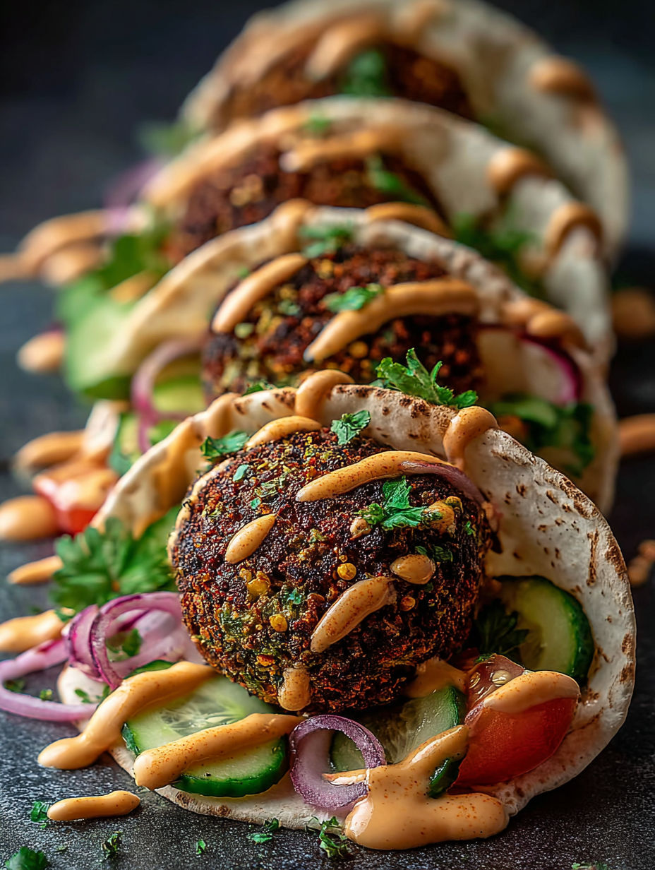 Tortillas pequeñas con falafel, salsa y verduras.