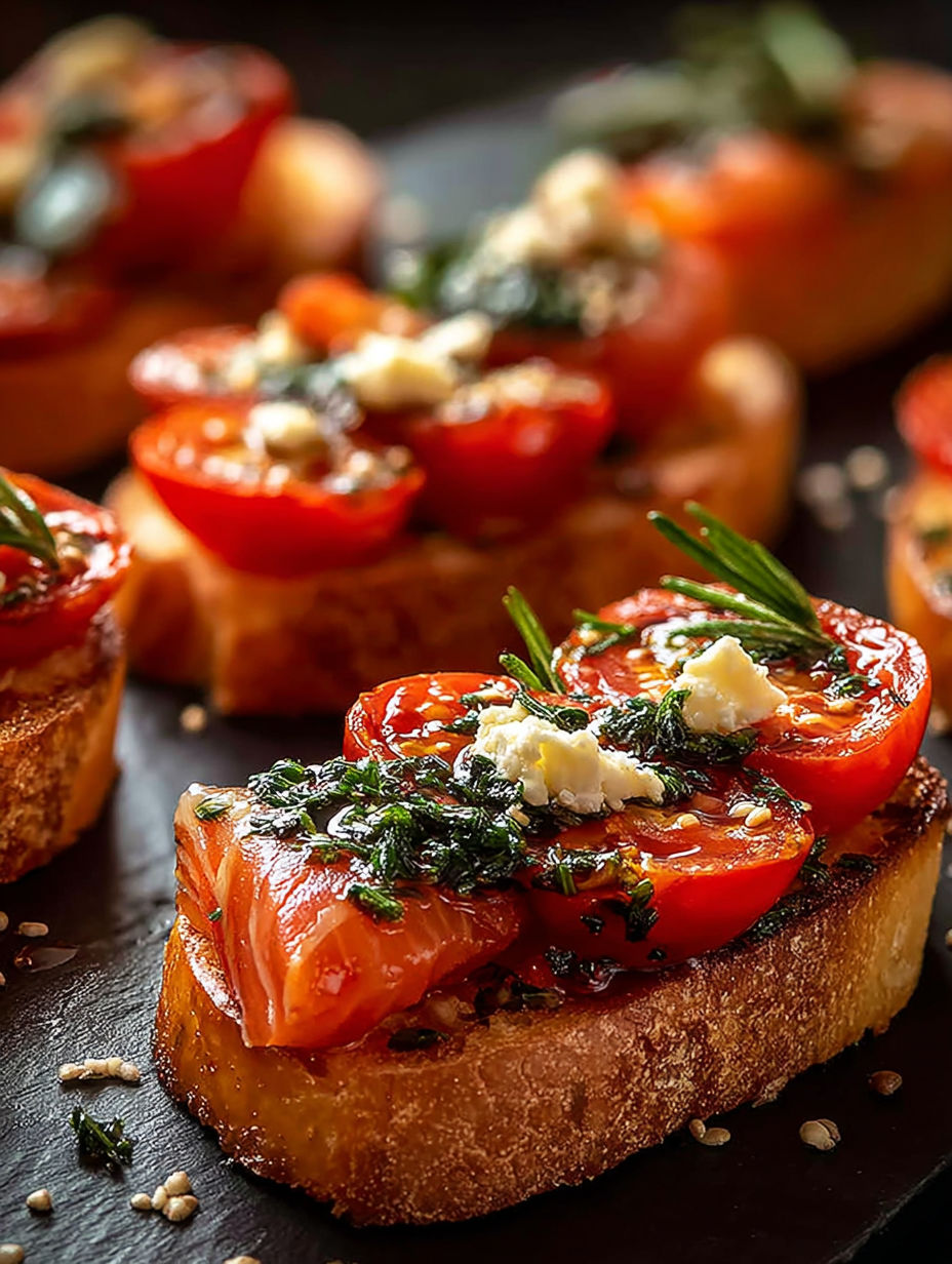 Un crostini con tomates y albahaca encima.