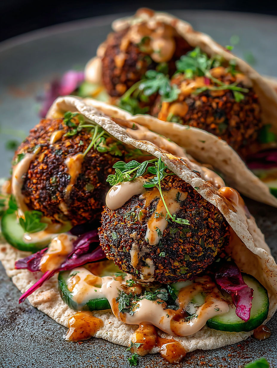 Tortillas pequeñas con falafel, salsa y verduras.