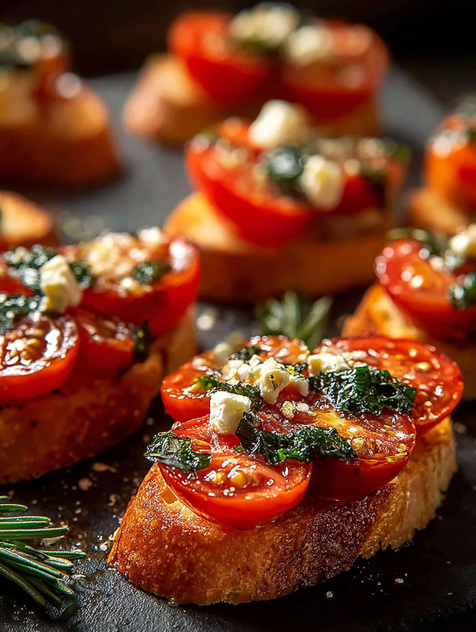 Un plato con crostinis de tomate y albahaca.
