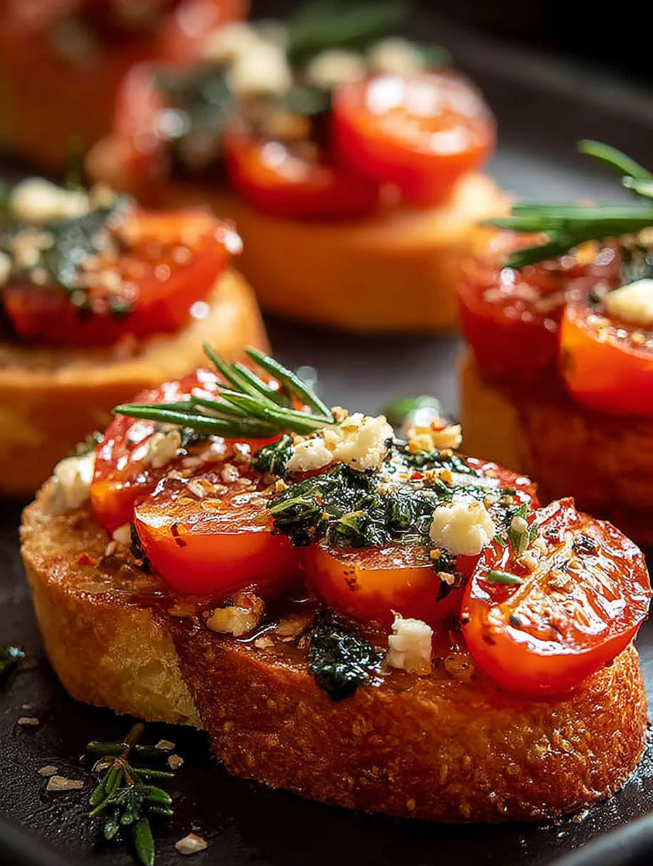 Un plato con crostinis de tomate y albahaca.