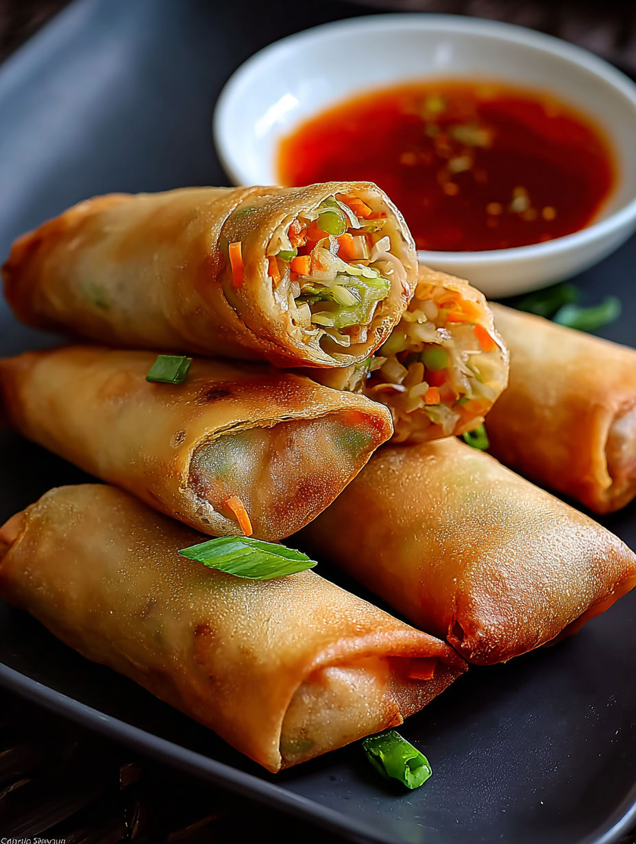Un plato con rollitos de verduras crujientes.