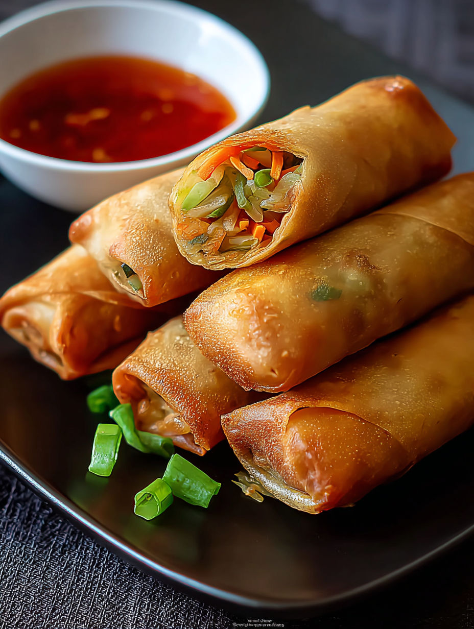 Un plato con rollitos de verduras crujientes.