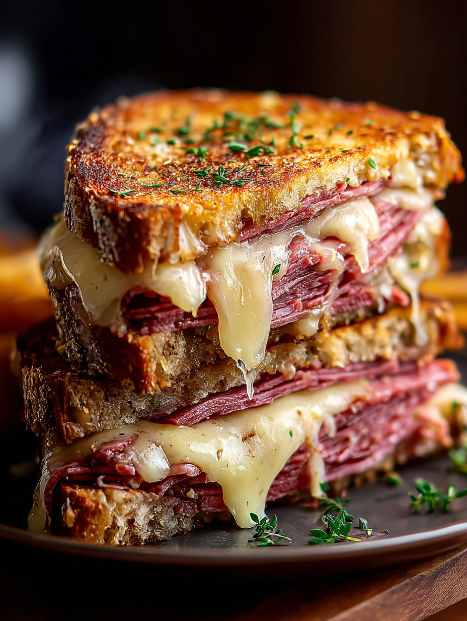 Montón de tres sándwiches Reuben.