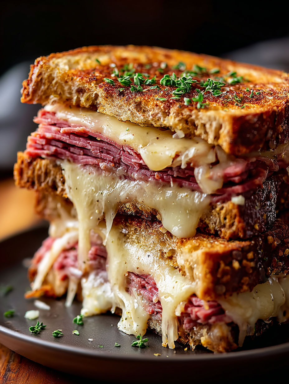 Tres sándwiches Reuben apilados.