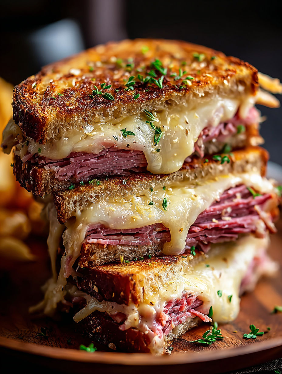 Tres sándwiches Reuben apilados.