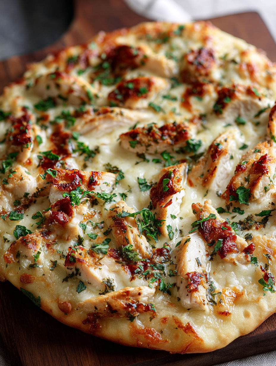 Una pizza con pollo y queso encima.