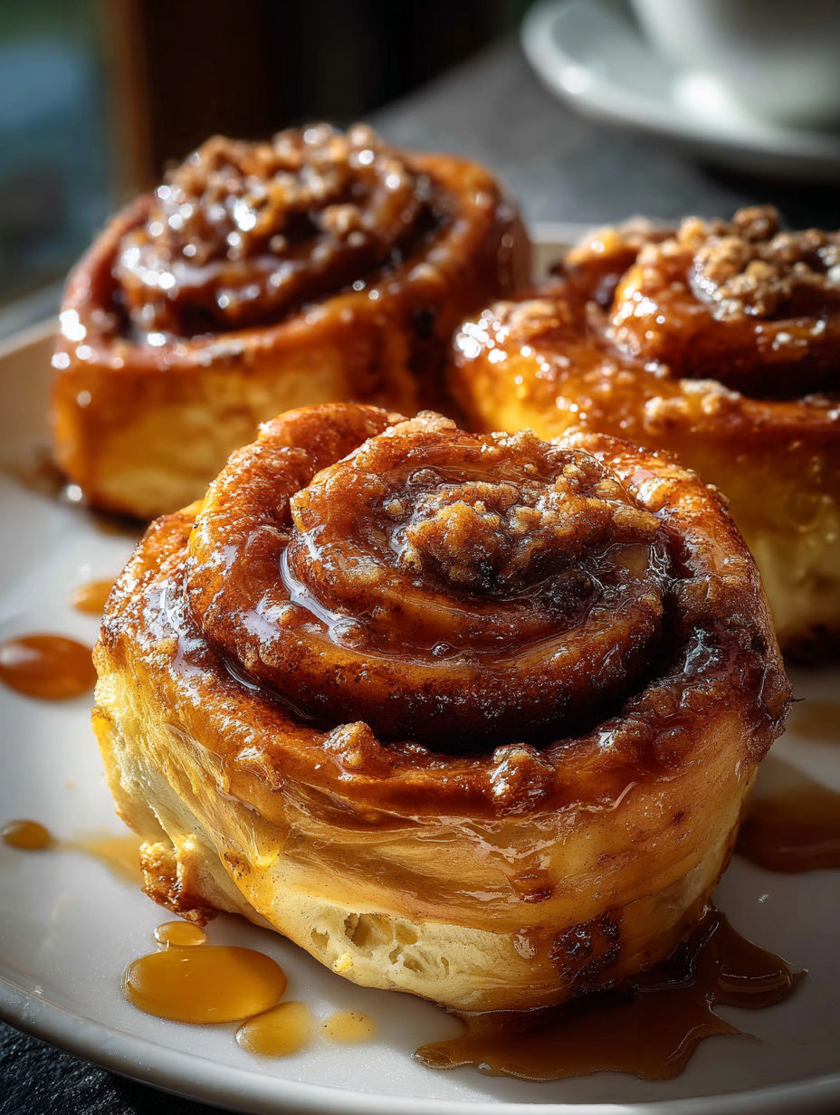Tres rollos de canela esponjosos con café en un plato.