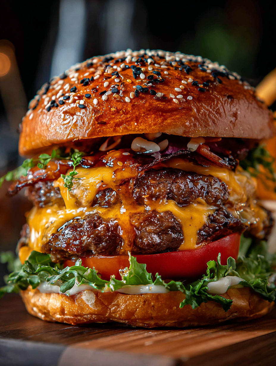Primer plano de una burger con tocino, lechuga, tomate y queso.