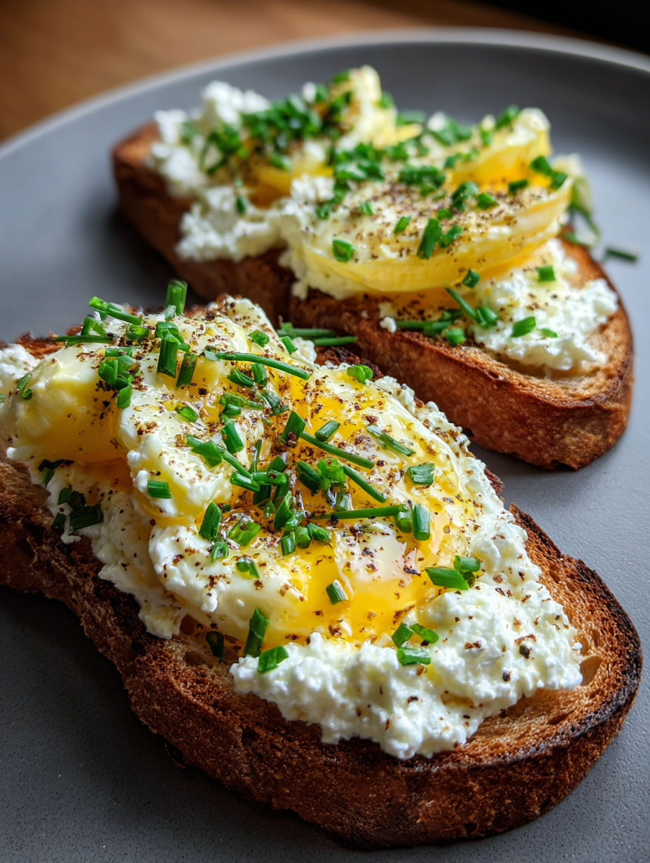 Dos tostadas con ricotta y huevo encima.