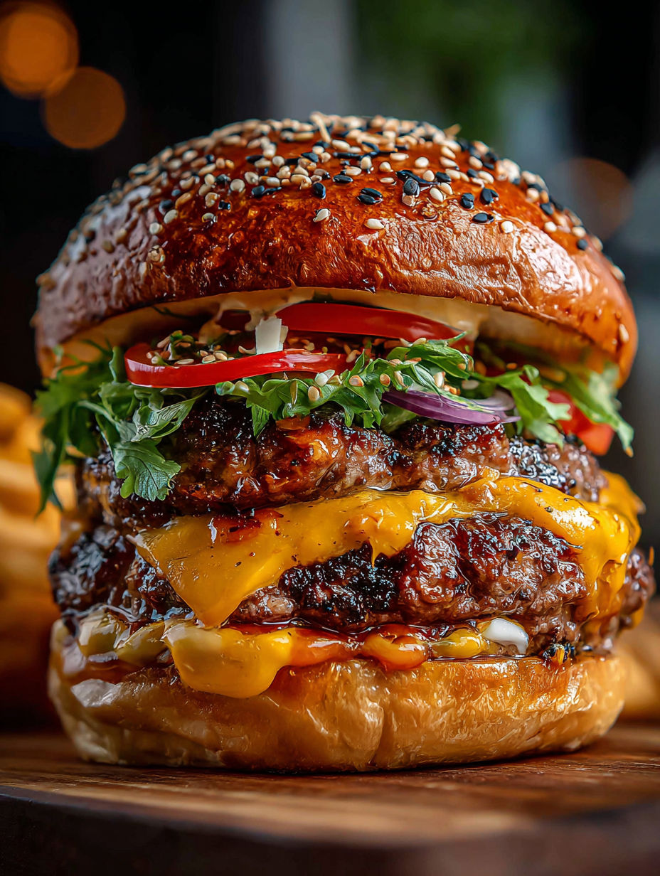 Foto cercana de una hamburguesa con lechuga, tomate y queso.