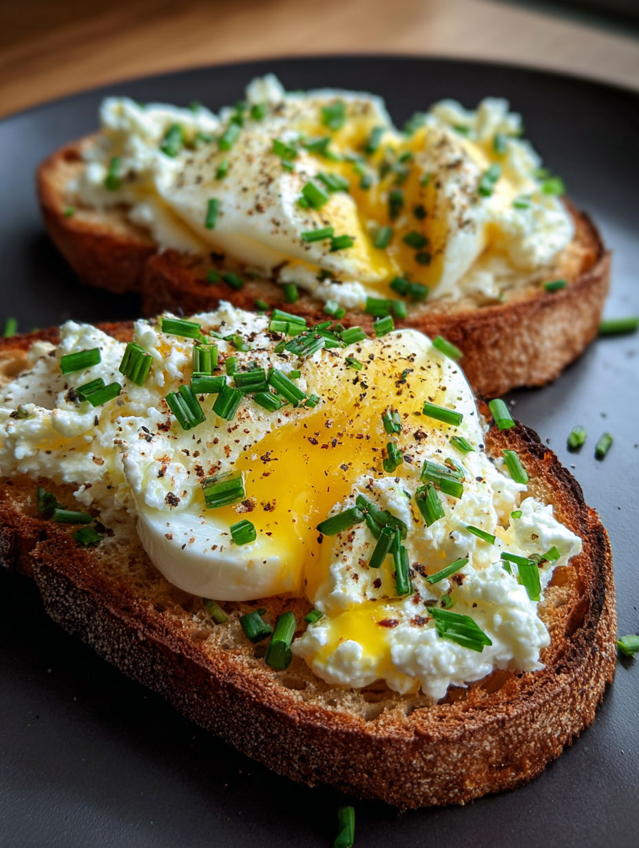 Dos tostadas con ricota y huevos encima.
