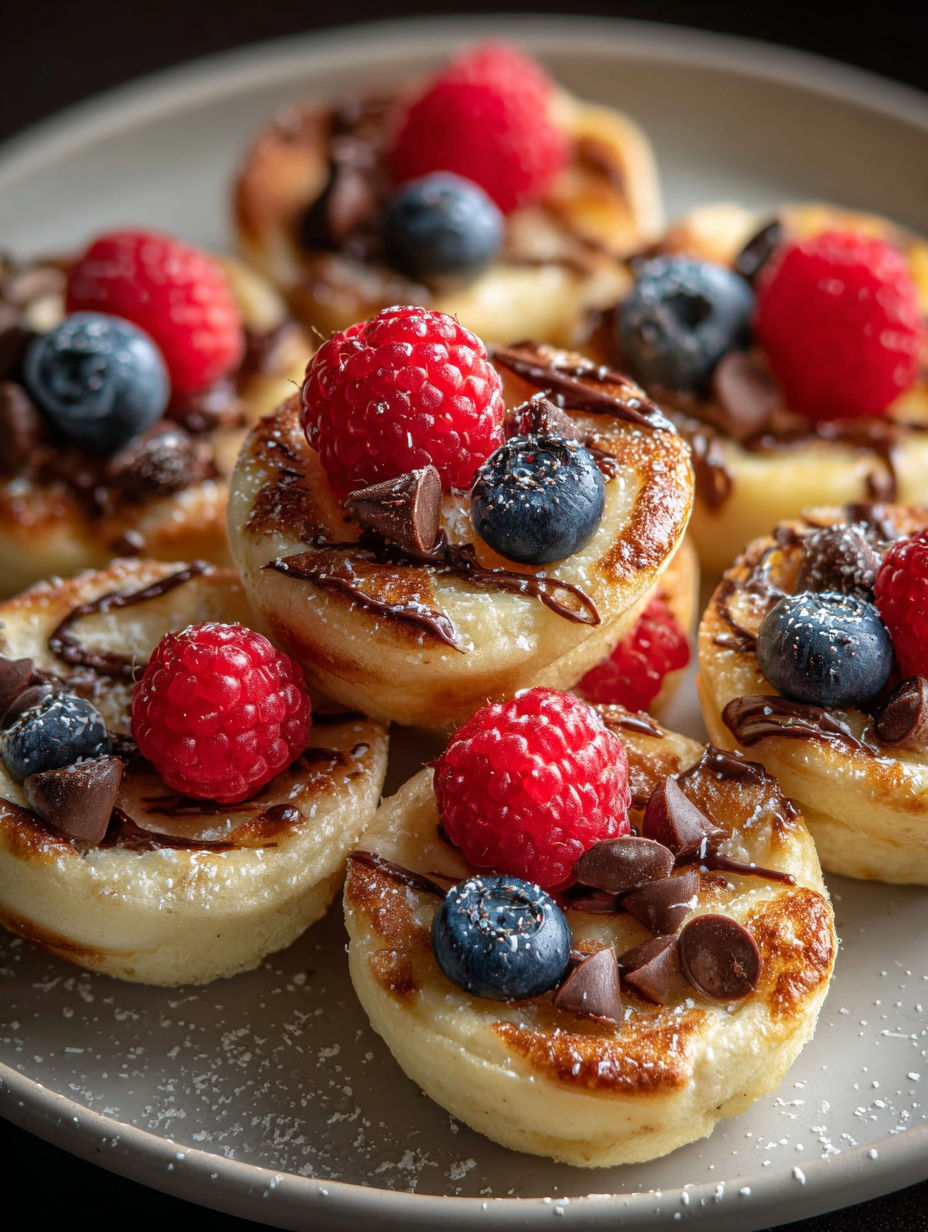 Un plato con bocaditos de panqueques, frambuesas y chocolate.
