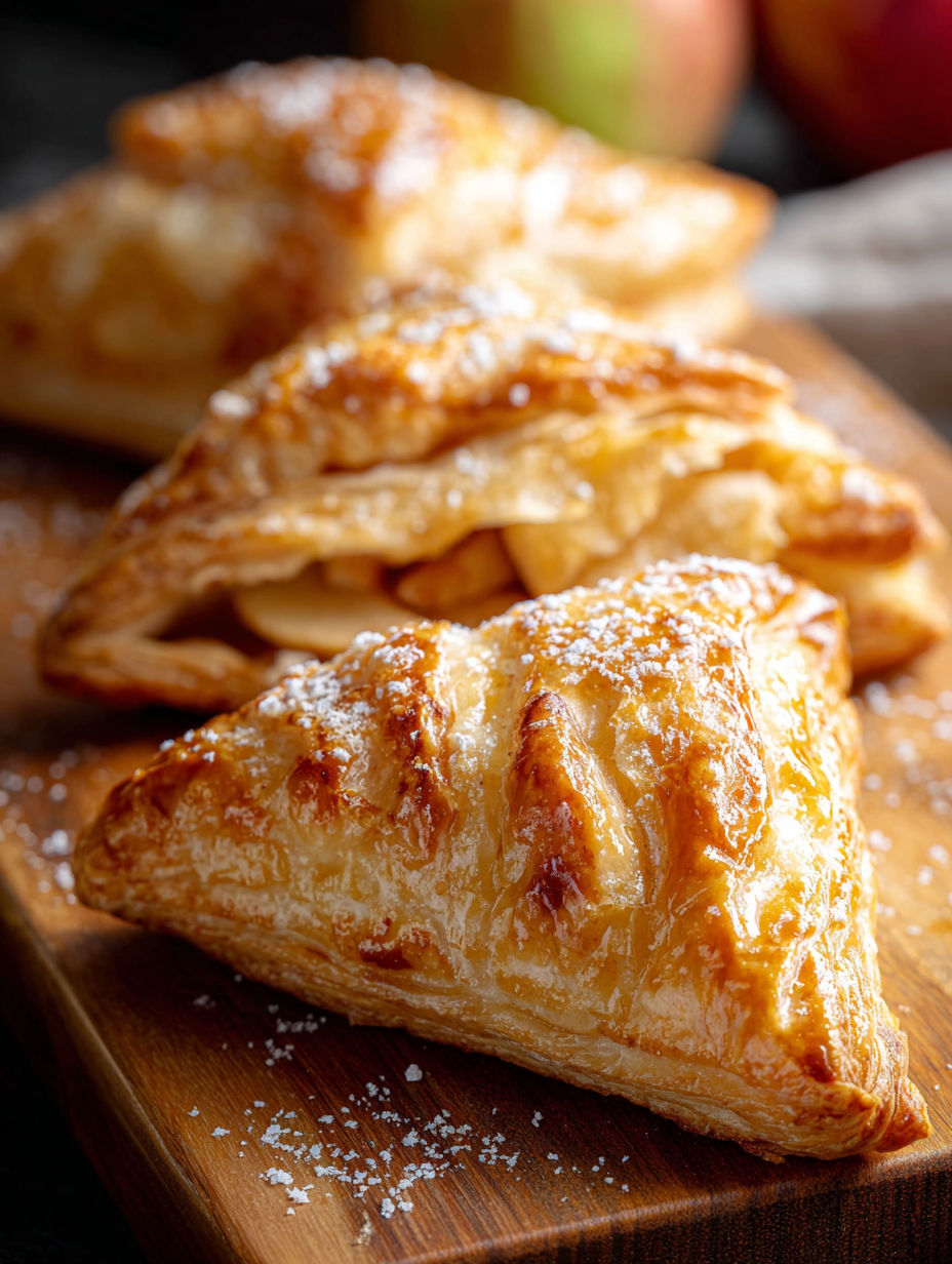 Tres empanadas de manzana con azúcar en polvo sobre mesa de madera.