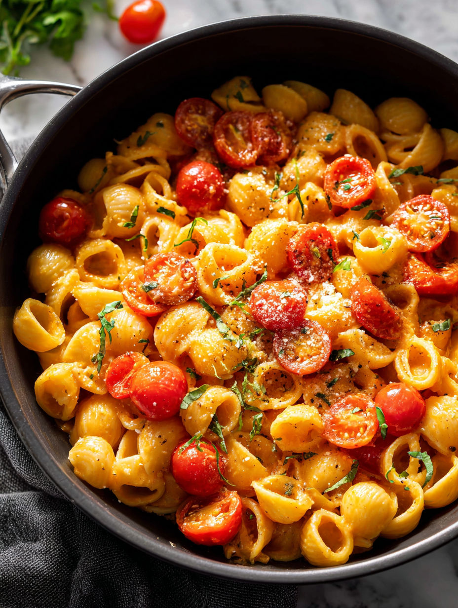 Un plato de pasta con tomates y queso.