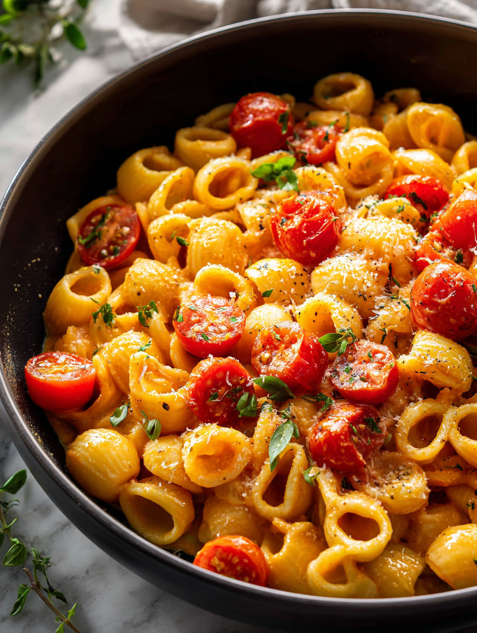 Un bowl de pasta con tomates cherry.