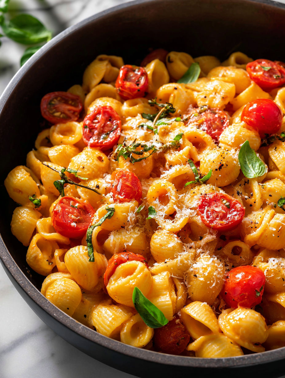 Un bowl de pasta con tomates y queso.