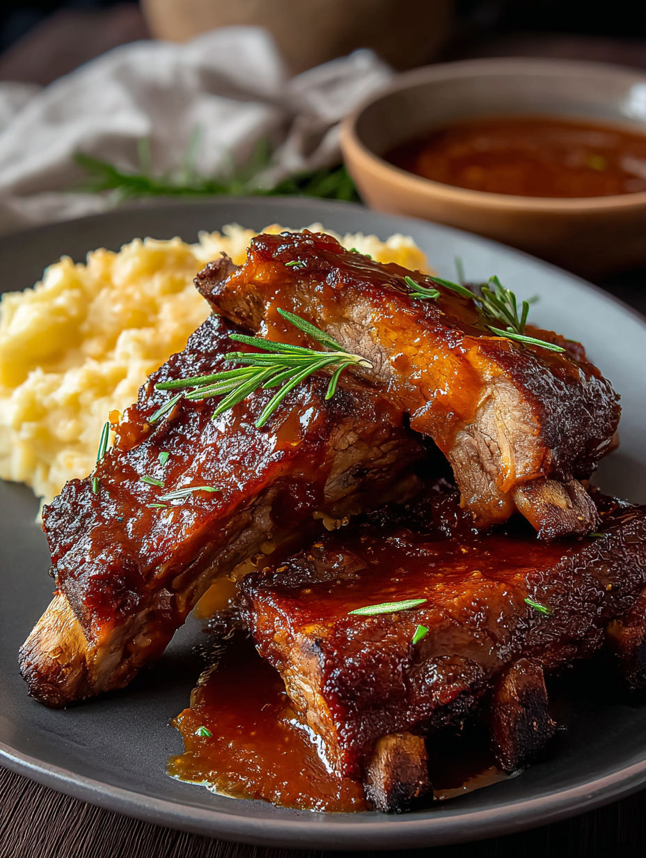 Un plato con costillas y salsa.