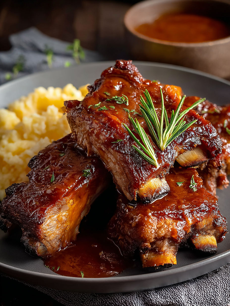 Un plato con costillas y una cucharada de salsa encima.