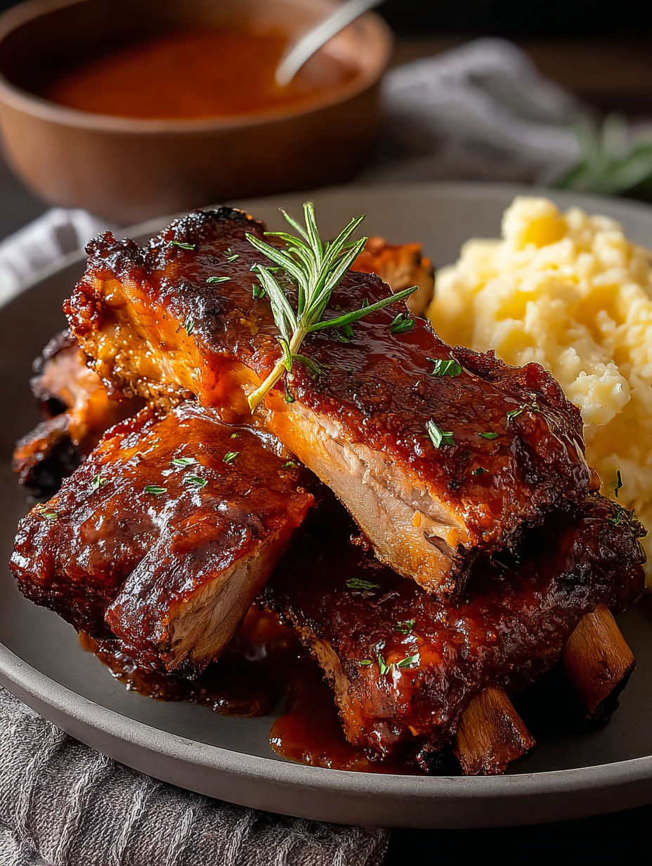 Un plato de costillas con una ramita de perejil encima.