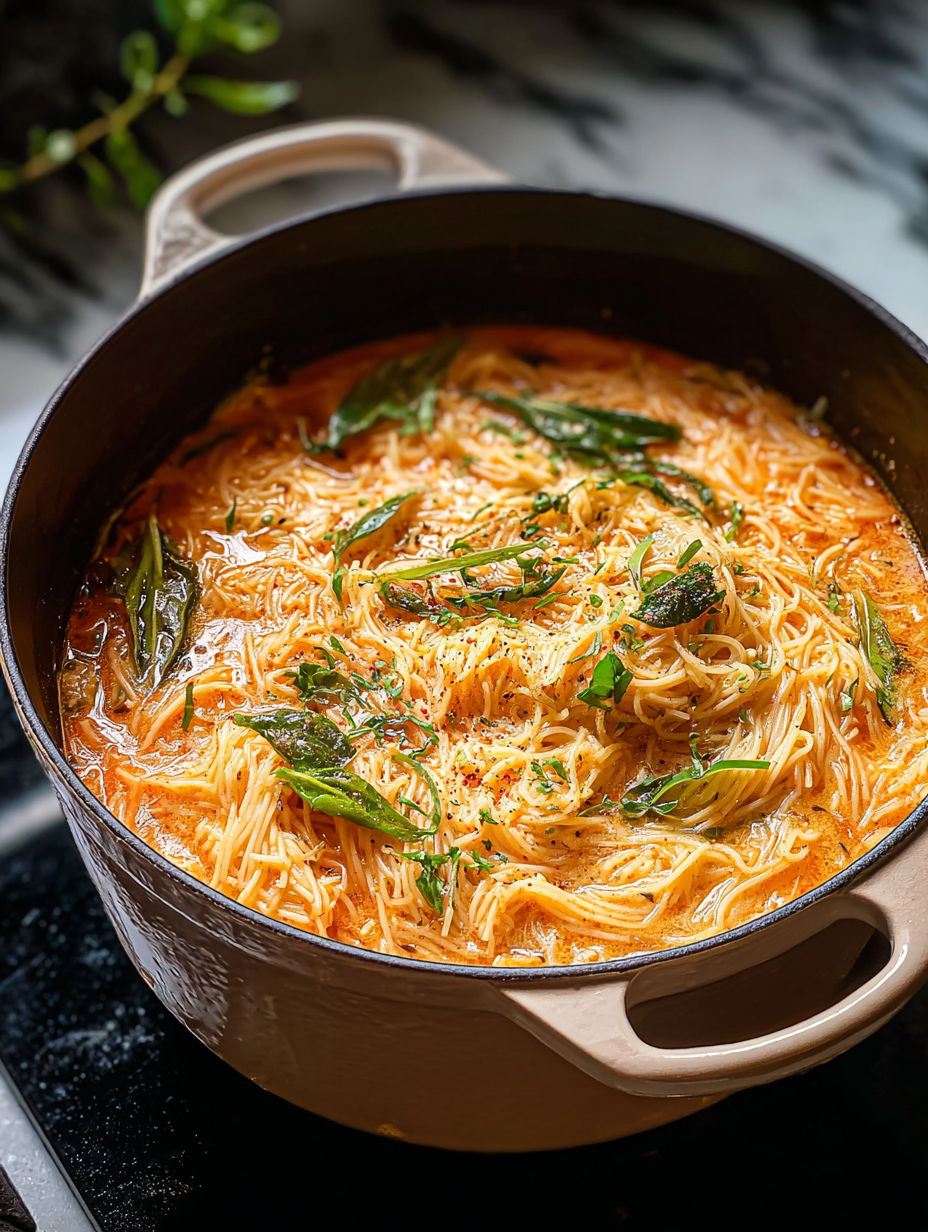 Una olla con sopa de fideos y verduras.