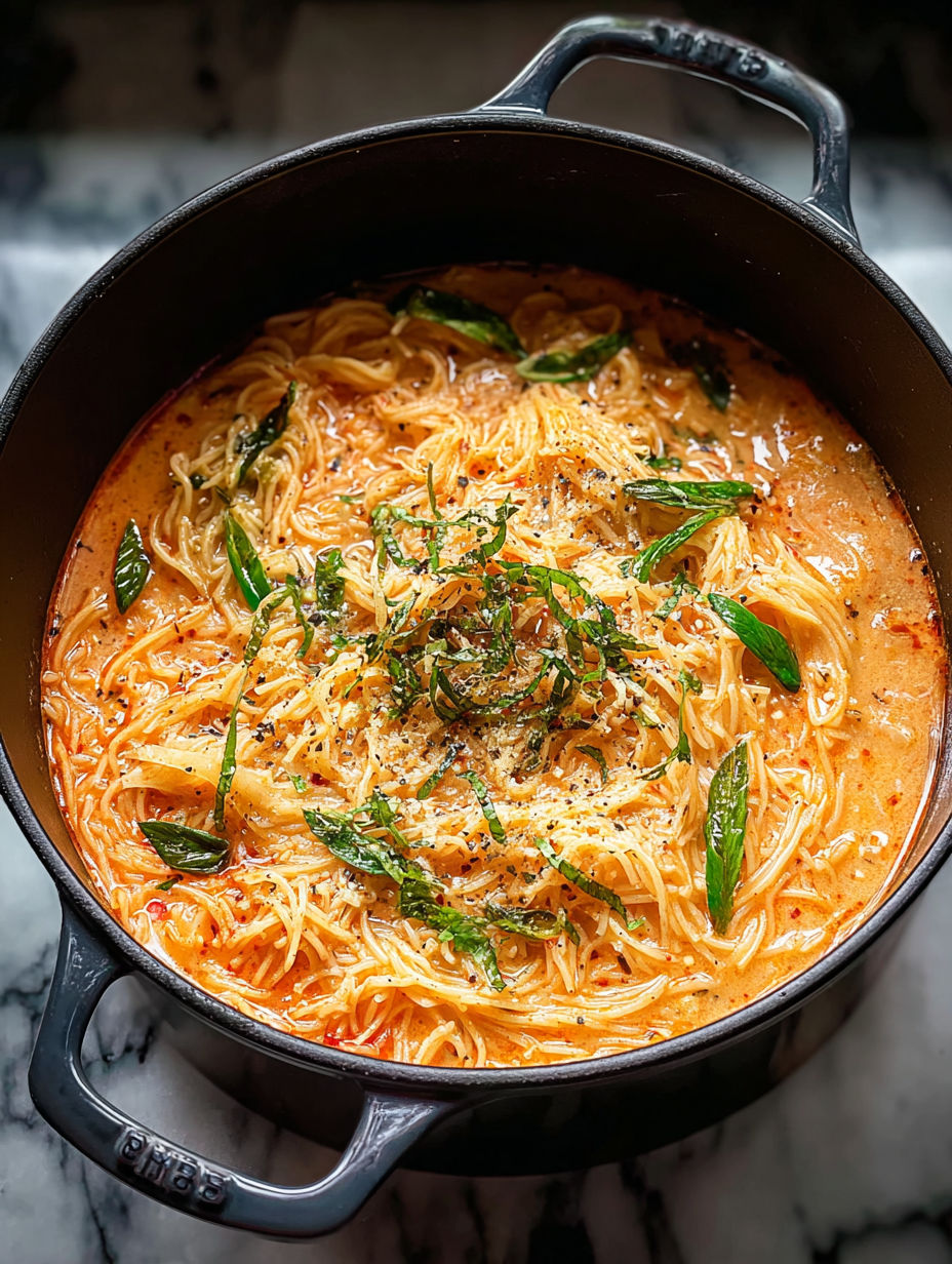 Un tazón con sopa, fideos y verduras.