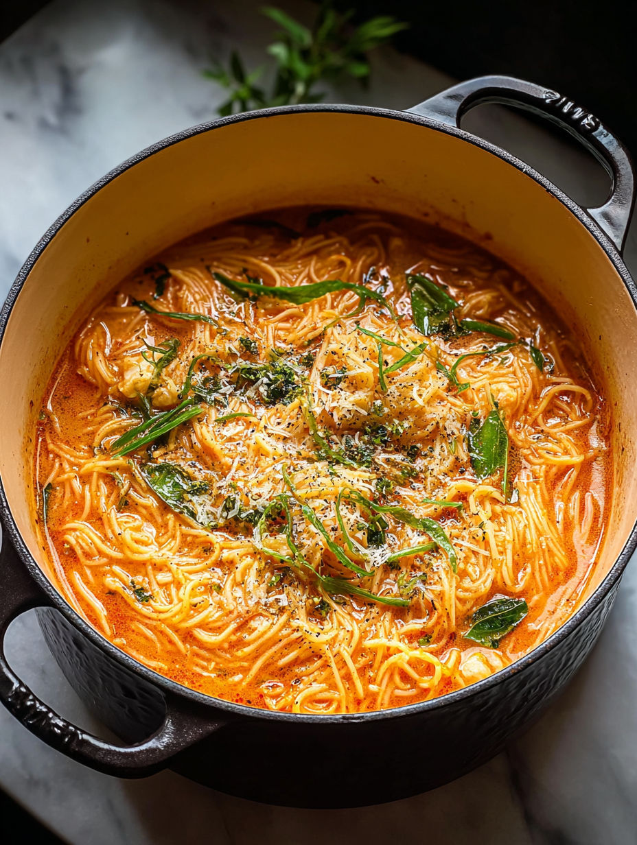 Olla con sopa, fideos y verduras.