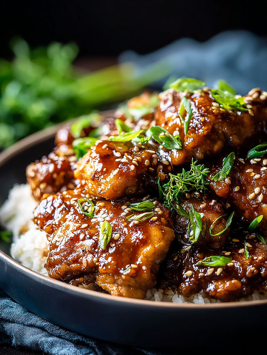 Un plato con muslos de pollo, arroz y hierbas.