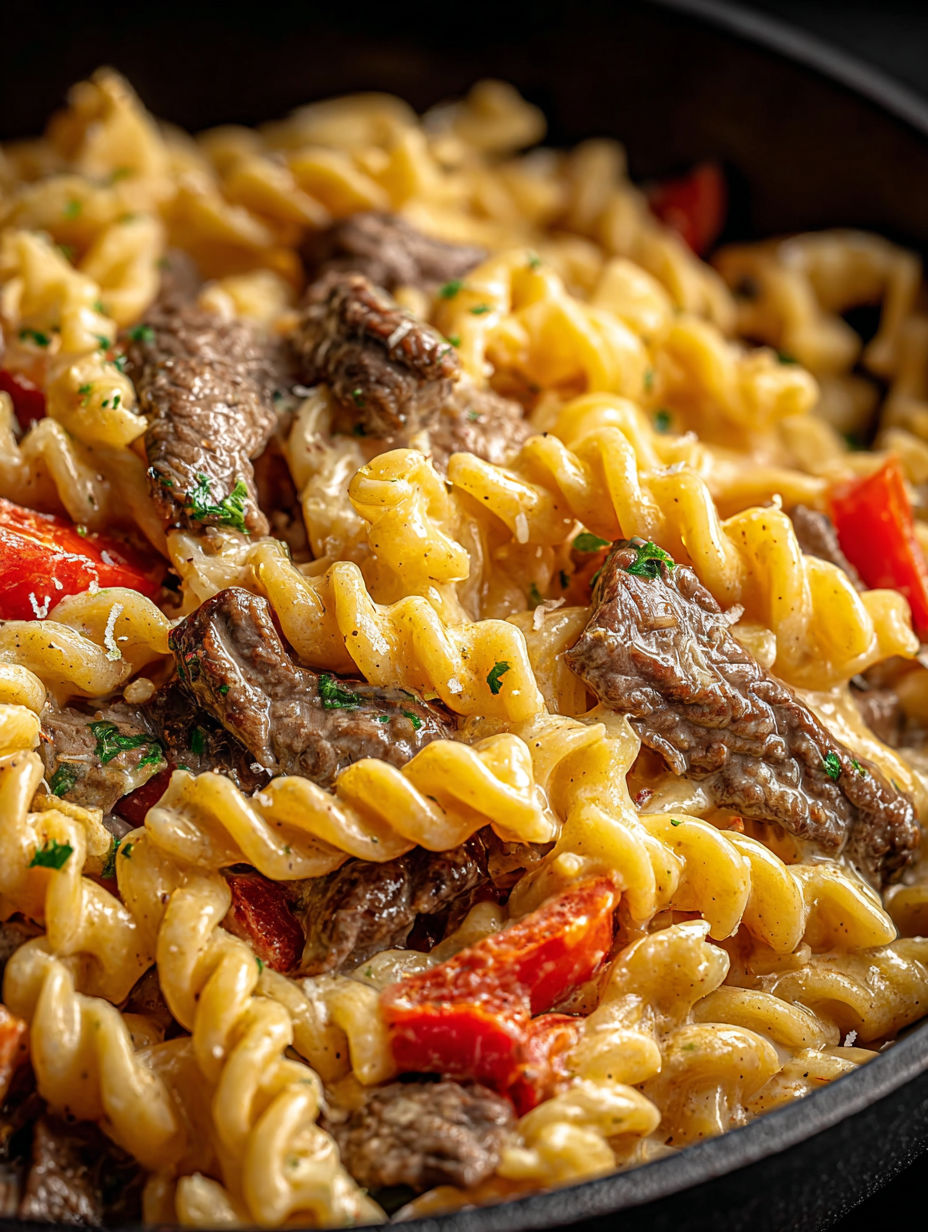 Primer plano de una deliciosa pasta Cheesesteak Philly.