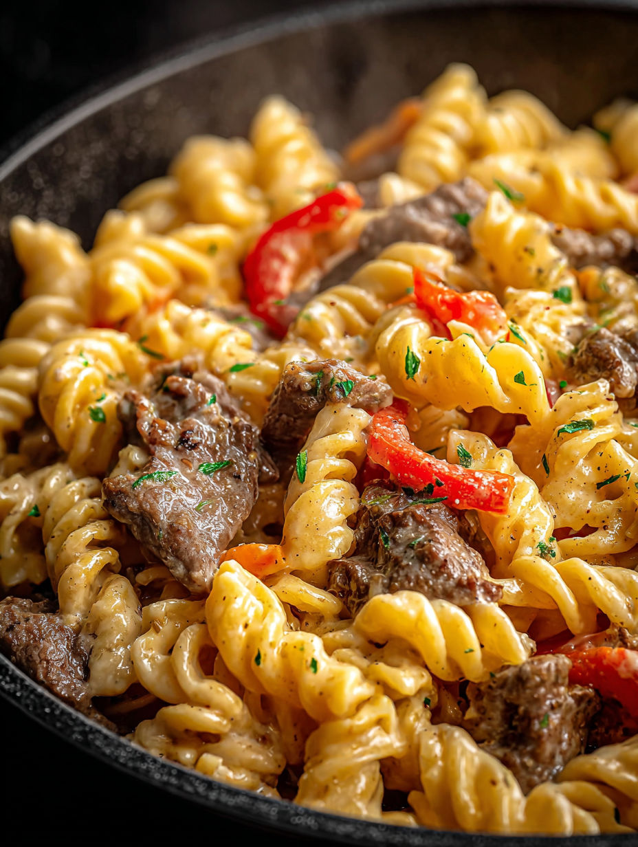 Una toma cercana de pasta Philly Cheesesteak deliciosa.