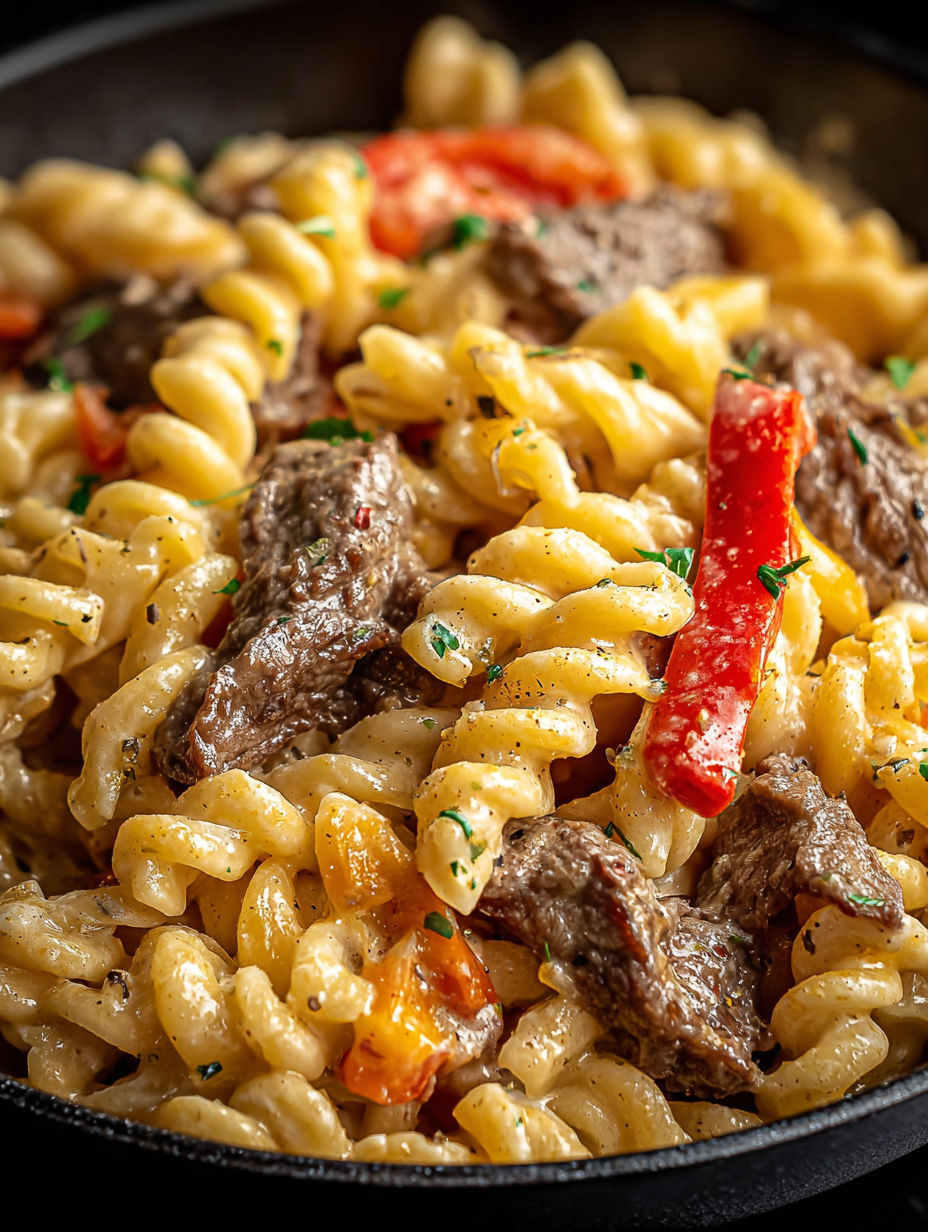 Una toma cercana de pasta Philly Cheesesteak deliciosa.