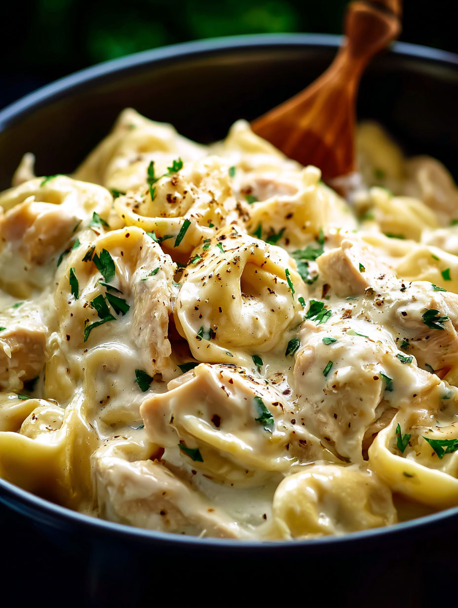 Un bol de pasta con pollo y queso.